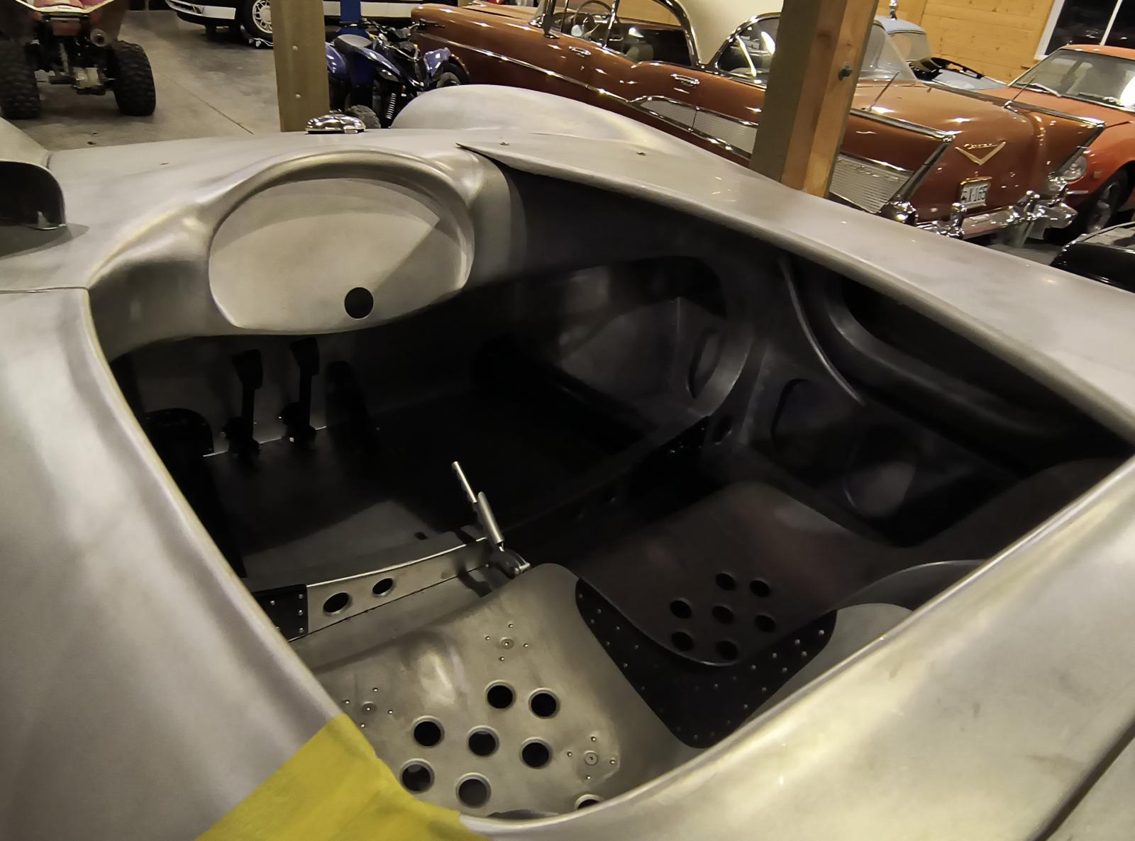 The hand-formed aluminium 550 Spyder body in the workshop where it stands today