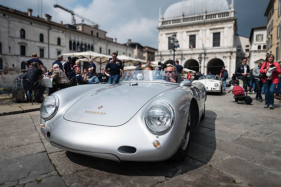 The 550 out on the road in a historic square