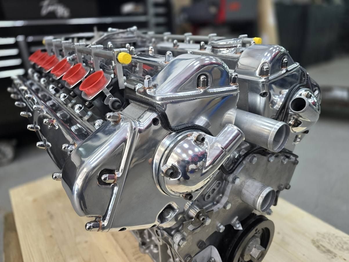 Fully assembled tera® V12 engine with polished cam covers and intakes